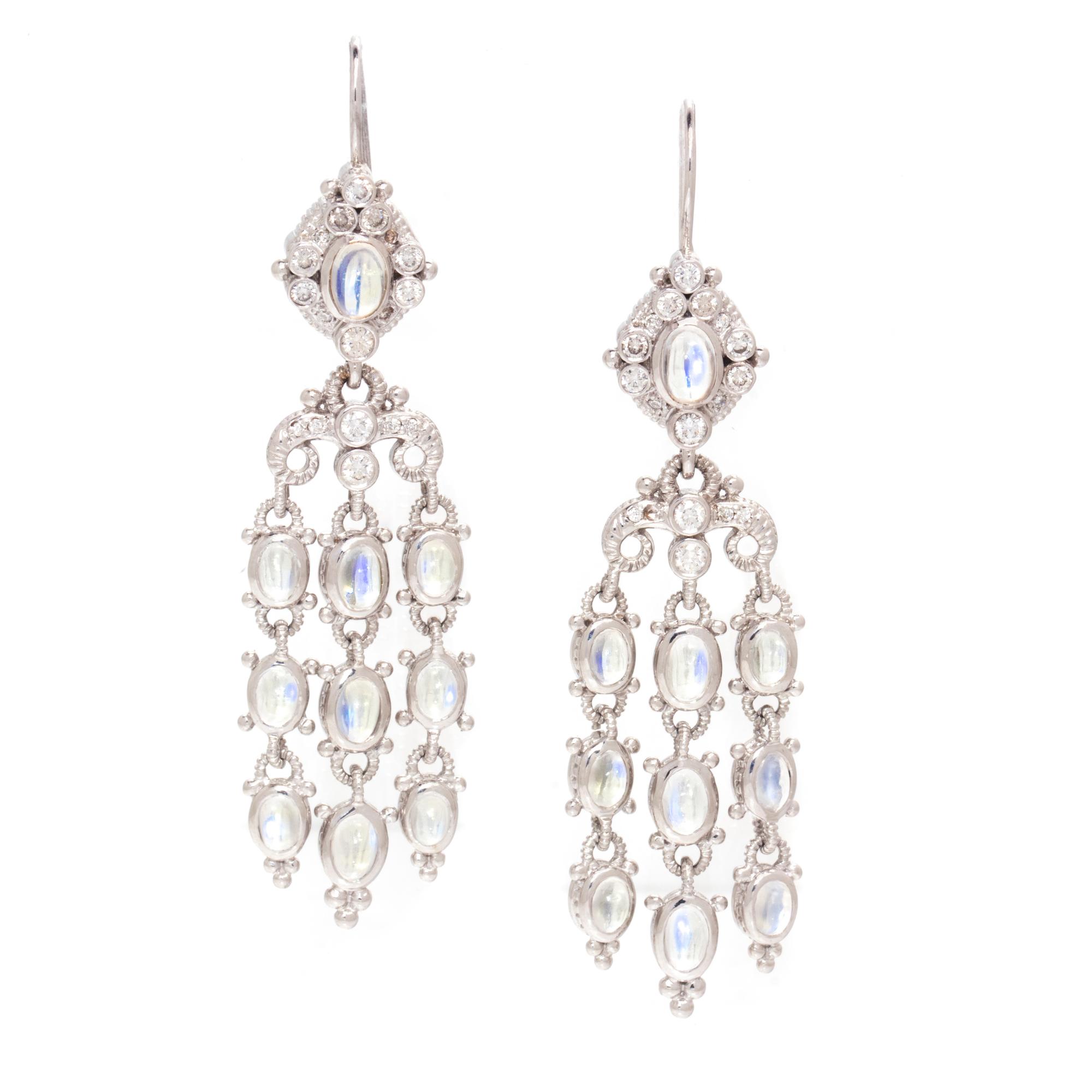 JUDITH RIPKA, WHITE GOLD, MOONSTONE, AND DIAMOND PENDANT EARRINGS
