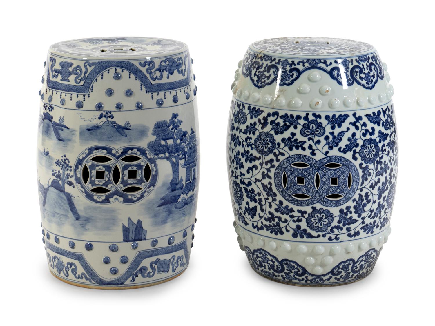 Two Chinese Blue and White Porcelain Barrel-form Garden Seats — 20TH CENTURY