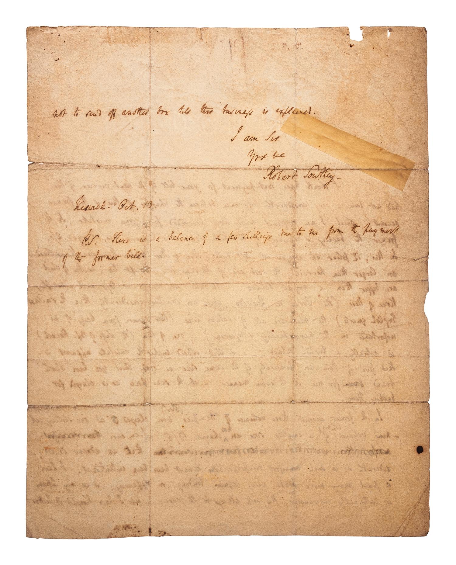 SOUTHEY, Robert (1774-1843). Autograph letter signed ("Robert Southey"). Keswick [England], 13 October [no year].
