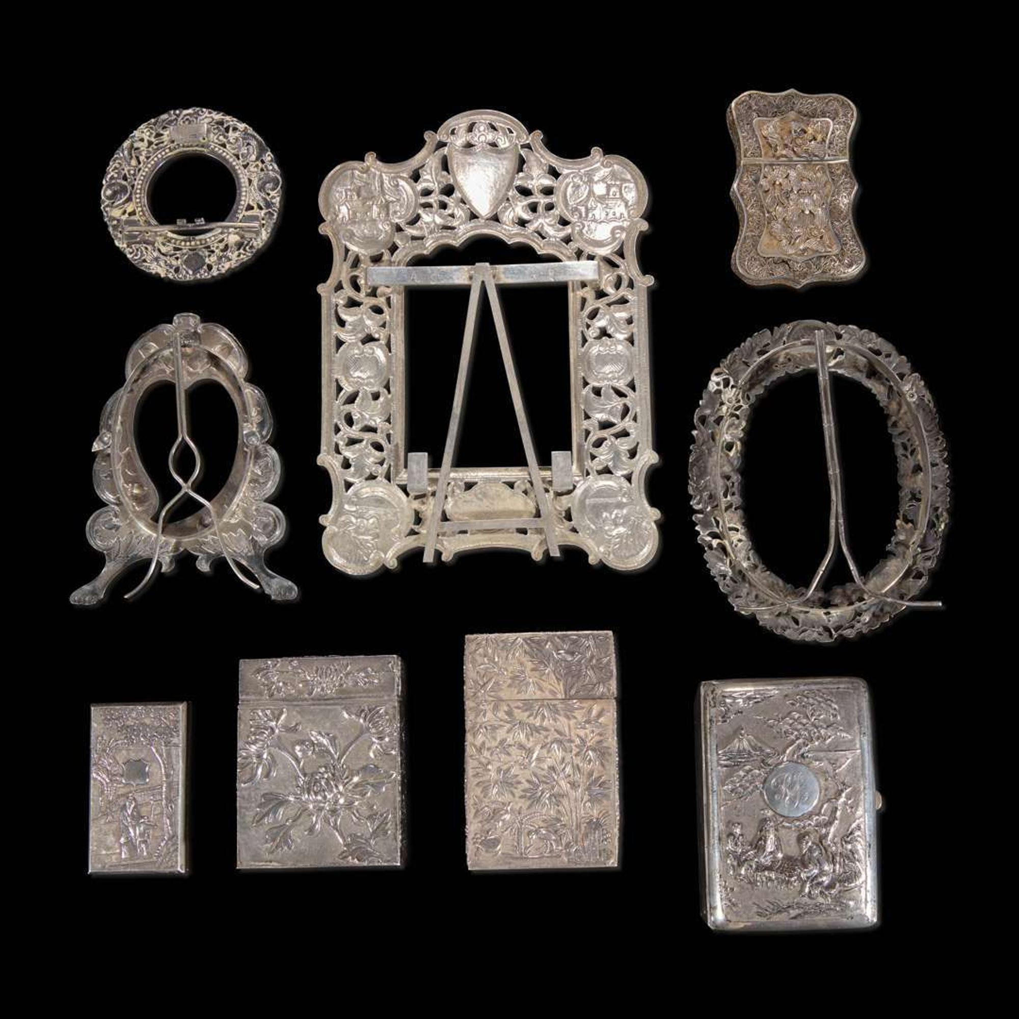 Nine assorted Chinese export silver frames and cases 外銷銀器九件 Second half 19th century to early 20th century ???????????