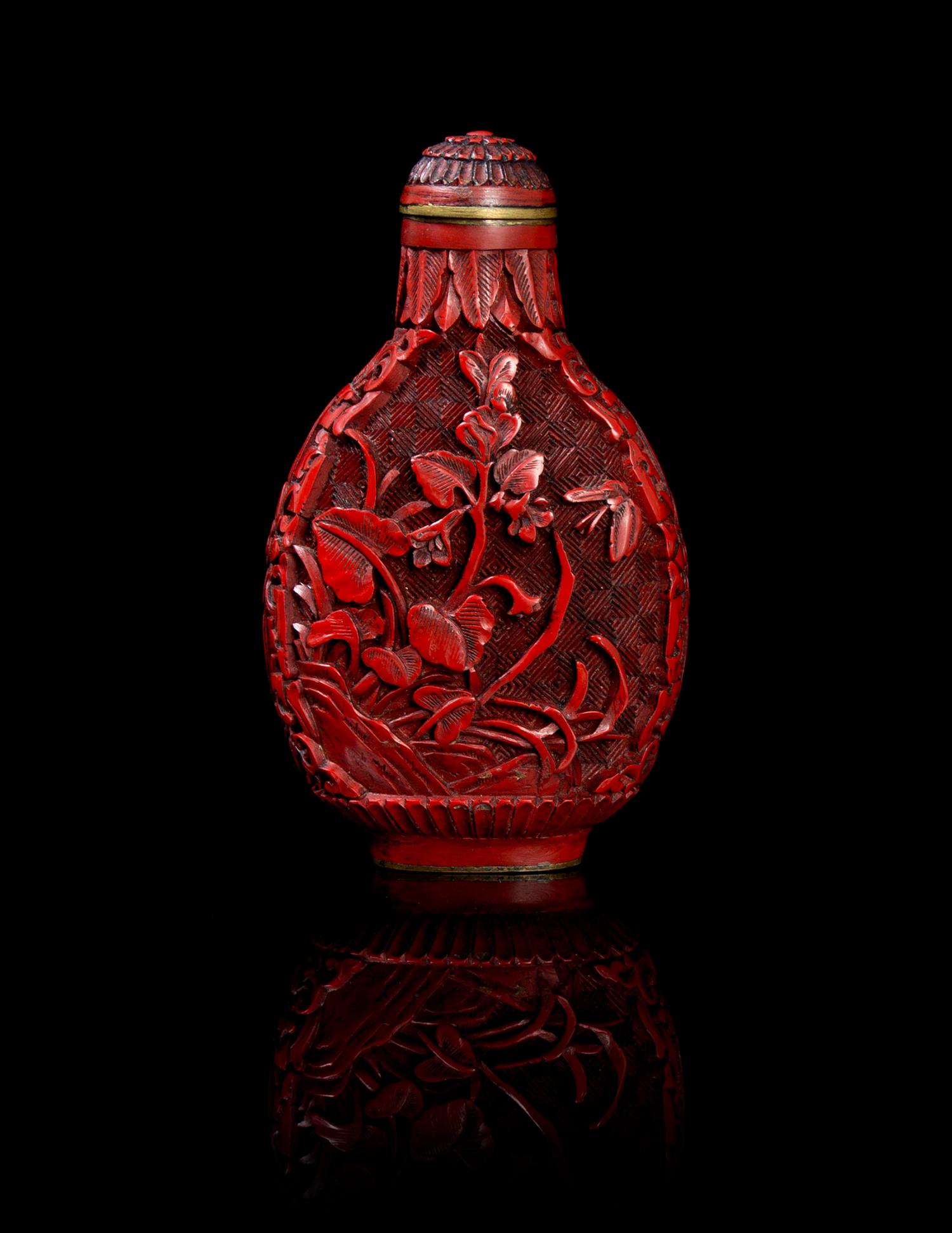 A Cinnabar Lacquer Snuff Bottle Height 3 inches.
