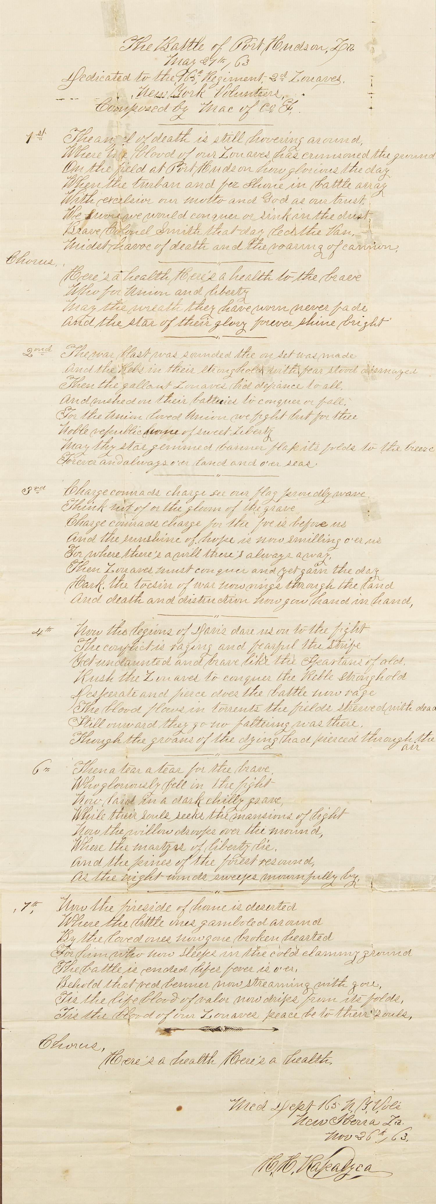 [Civil War] Original Manuscript Song, The Battle of Port Hudson, La.