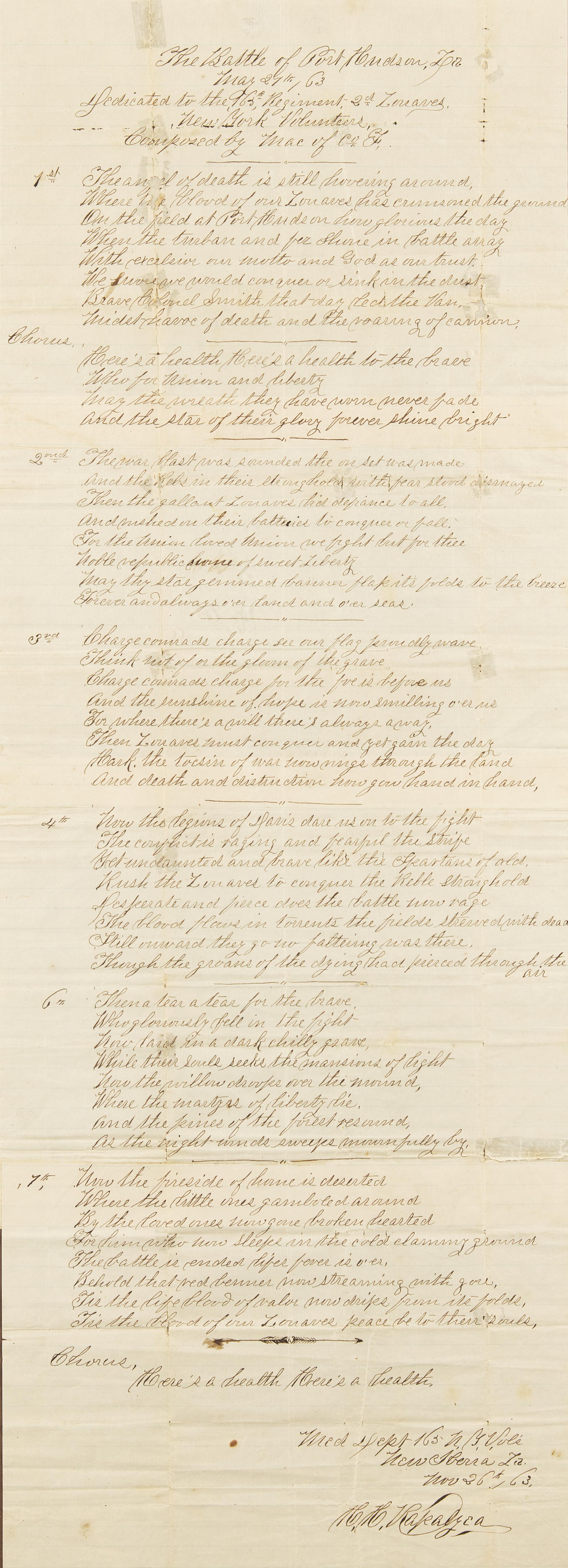 [Civil War] Original Manuscript Song, The Battle of Port Hudson, La.