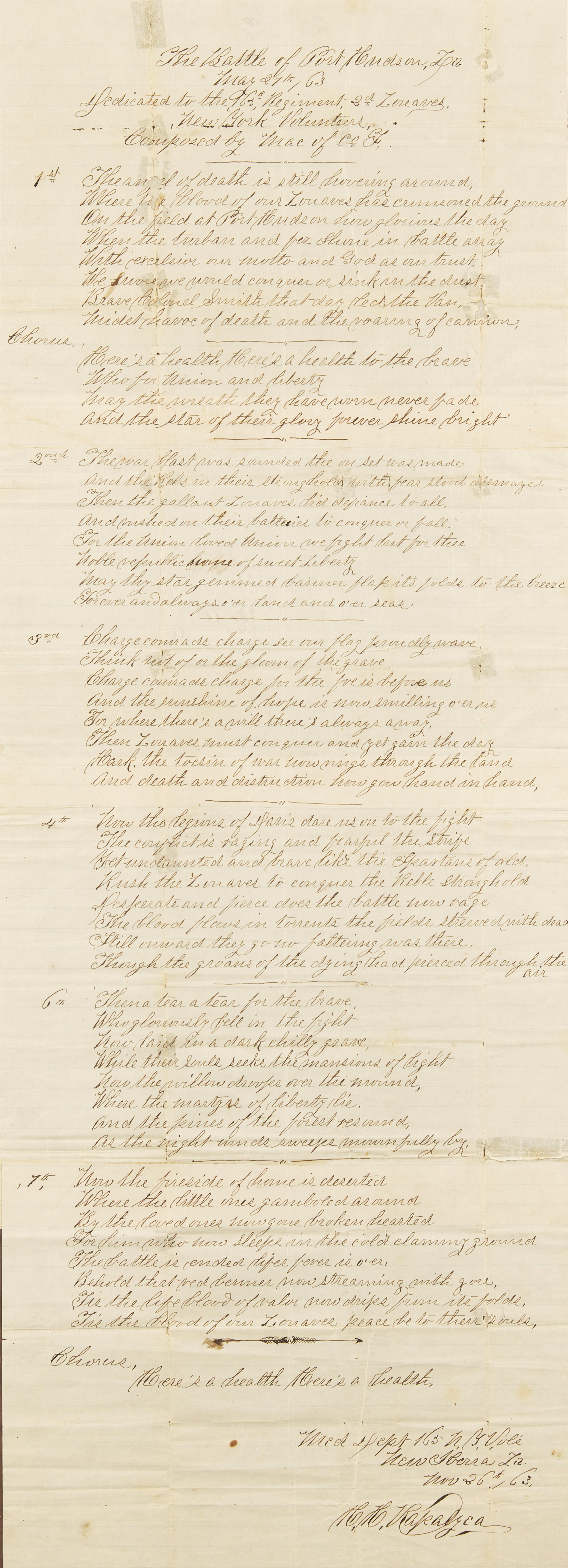 [Civil War] Original Manuscript Song, The Battle of Port Hudson, La.