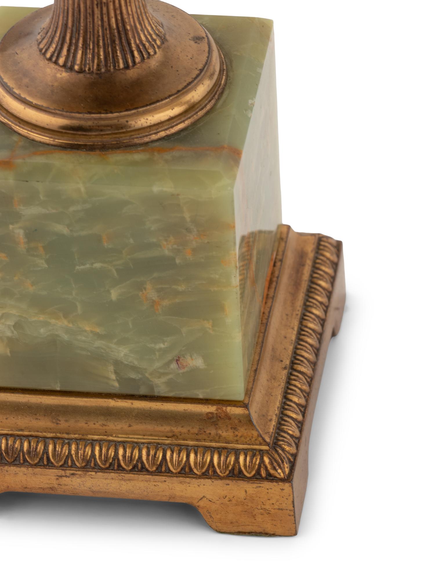 A Pair of Gilt Bronze Mounted Onyx Urn-Form Table Lamps