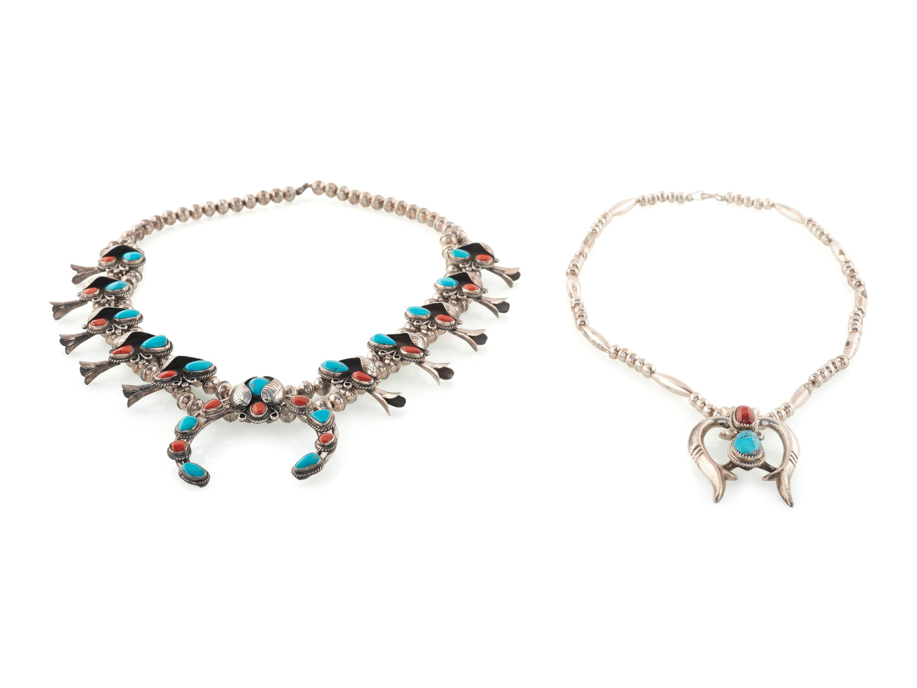 Navajo Silver, Turquoise, and Coral Squash Blossom Necklaces