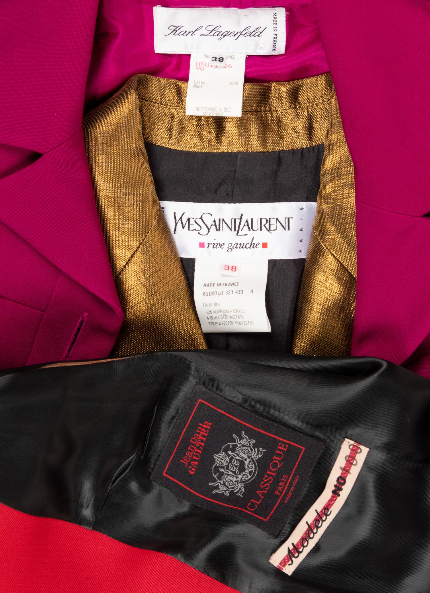 Three Designer Skirt Suits: One Jean Paul Gaultier, One Lagerfeld, One Yves Saint Laurent, 1980-90s