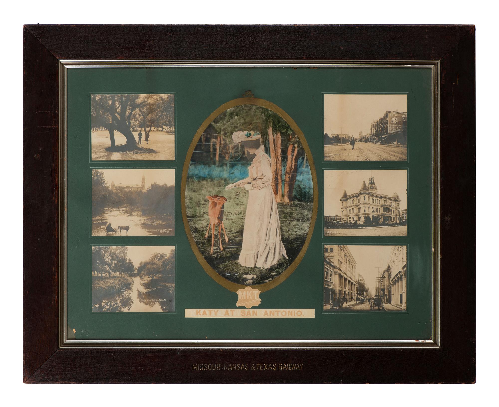 [TRANSPORTATION - RAILROAD]. Missouri, Kansas, & Texas Railway display featuring photographs of San Antonio, Texas. Ca 1890s.