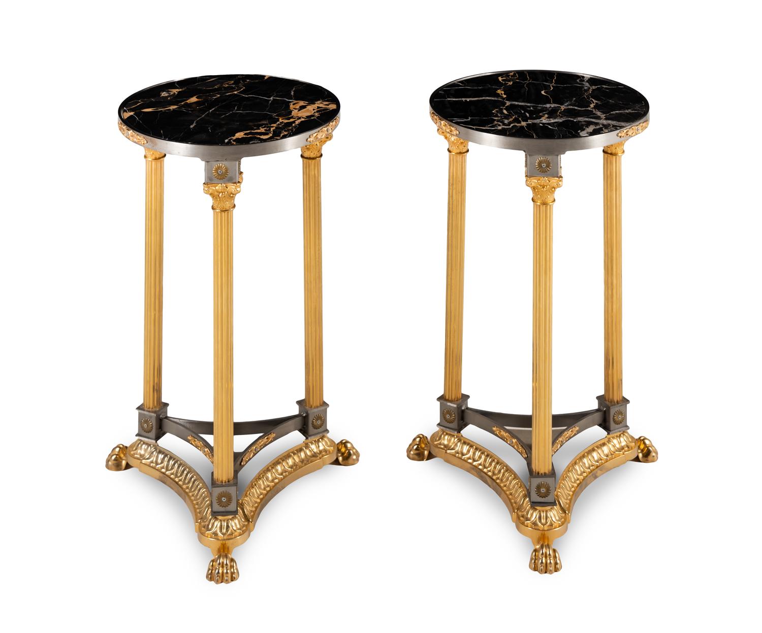 A Pair of Empire Style Gilt Bronze Mounted Marble-Top Side Tables