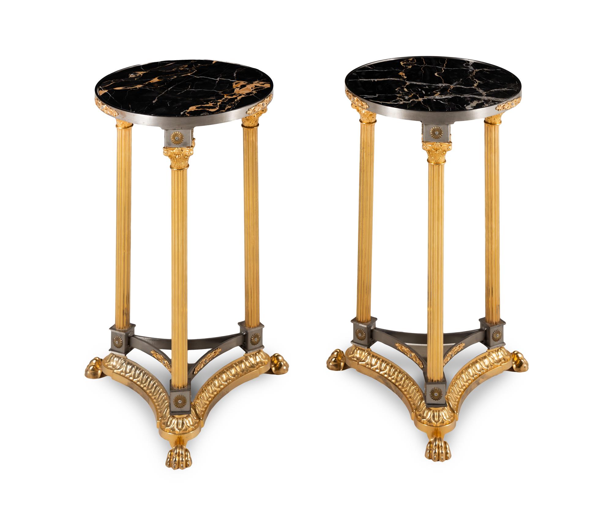 A Pair of Empire Style Gilt Bronze Mounted Marble-Top Side Tables