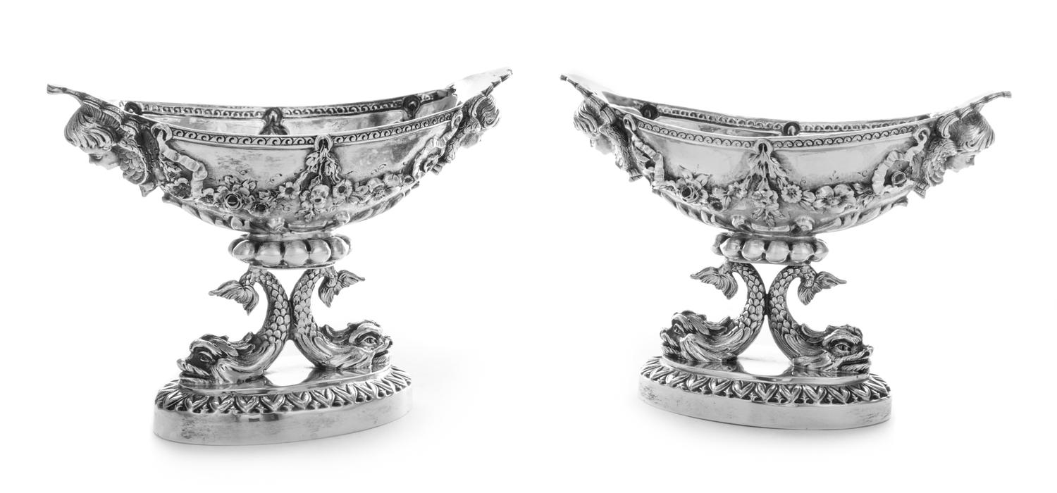 A Pair of George III Silver Sweetmeat Baskets, George Smith III, London, Late 18th Century, each bowl of oval form with putto mask hand