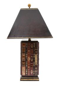 A Leather Book Spine Clad Table Lamp with Black Leather Shade Height 29 1/2 inches. — 20TH CENTURY