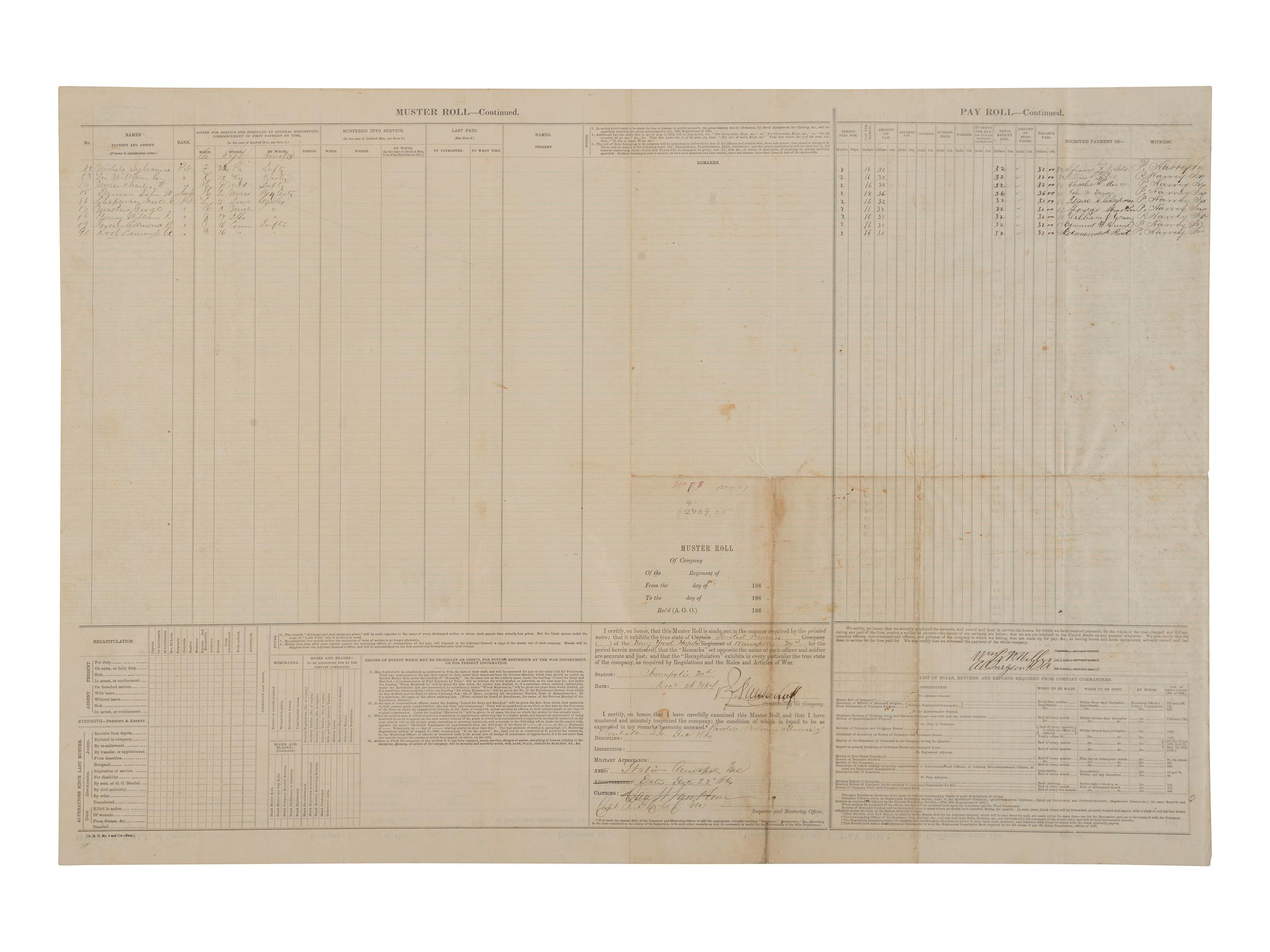 [CIVIL WAR]. Muster and pay rolls for paroled prisoners at Annapolis, MD. 1864.