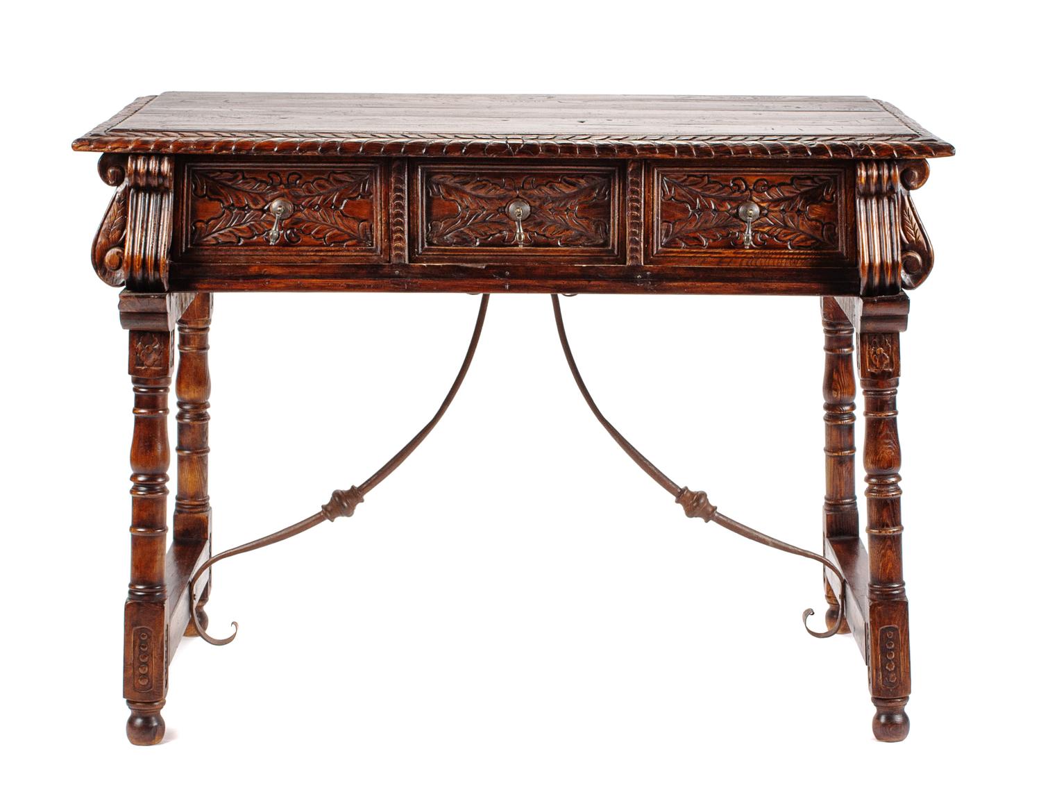 A Spanish Renaissance Revival Iron Mounted Walnut Trestle Table Height 36 x width 50 x depth 26 inches.
