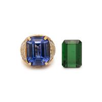 YELLOW GOLD, SYNTHETIC SAPPHIRE AND DIAMOND RING & LOOSE TOURMALINE