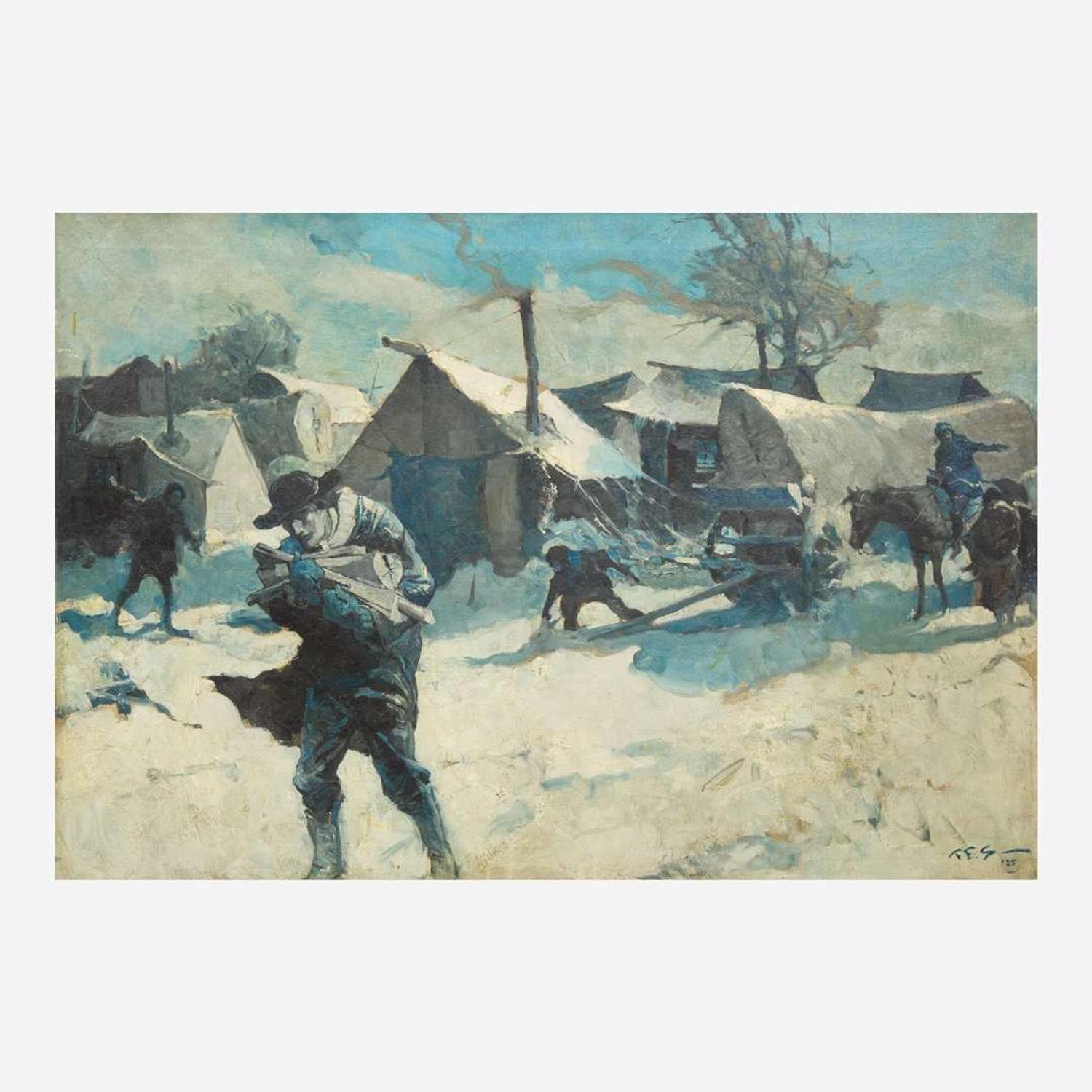 Frank Earle Schoonover (American, 1877-1972) Snowstorm at Poor Folks Haven (Poor Folks Haven, Snow Storm - Now It Was Nearing Christmas)