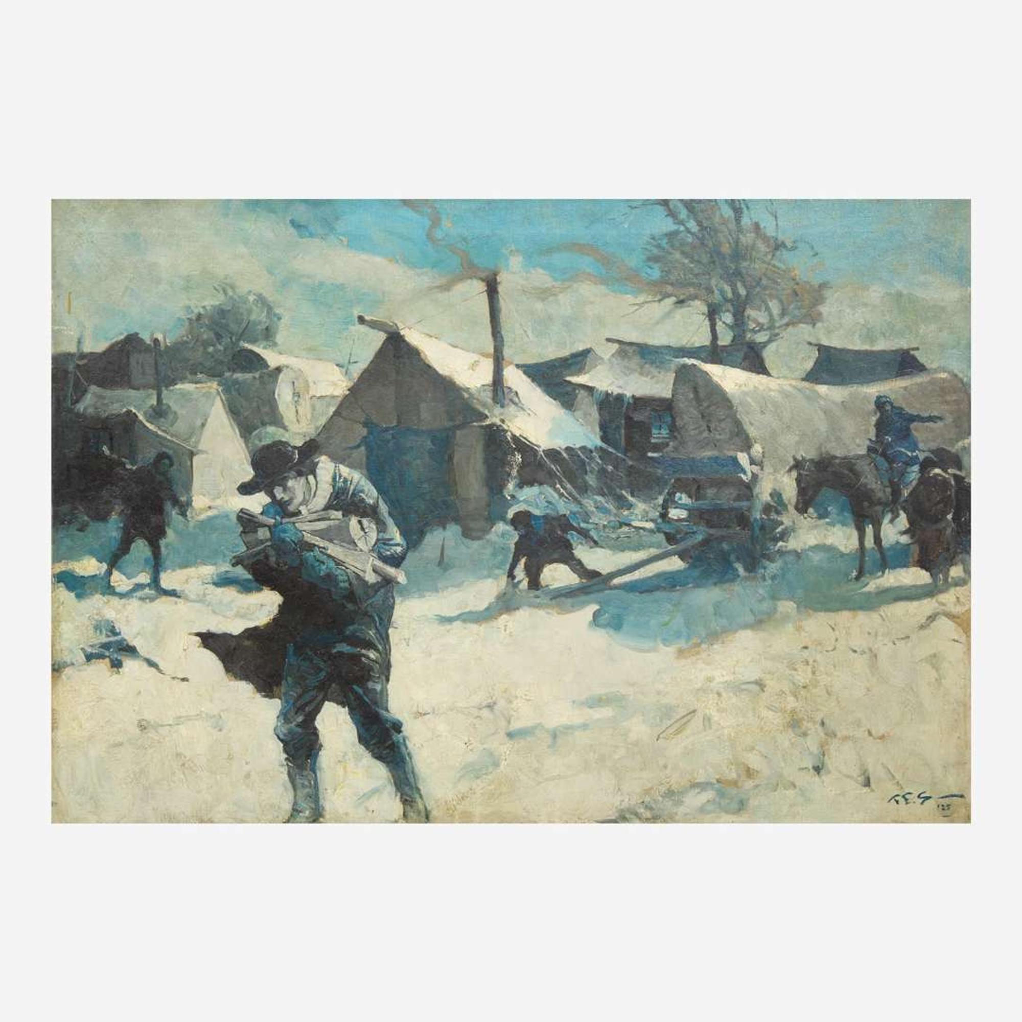 Frank Earle Schoonover (American, 1877-1972) Snowstorm at Poor Folks Haven (Poor Folks Haven, Snow Storm - Now It Was Nearing Christmas)