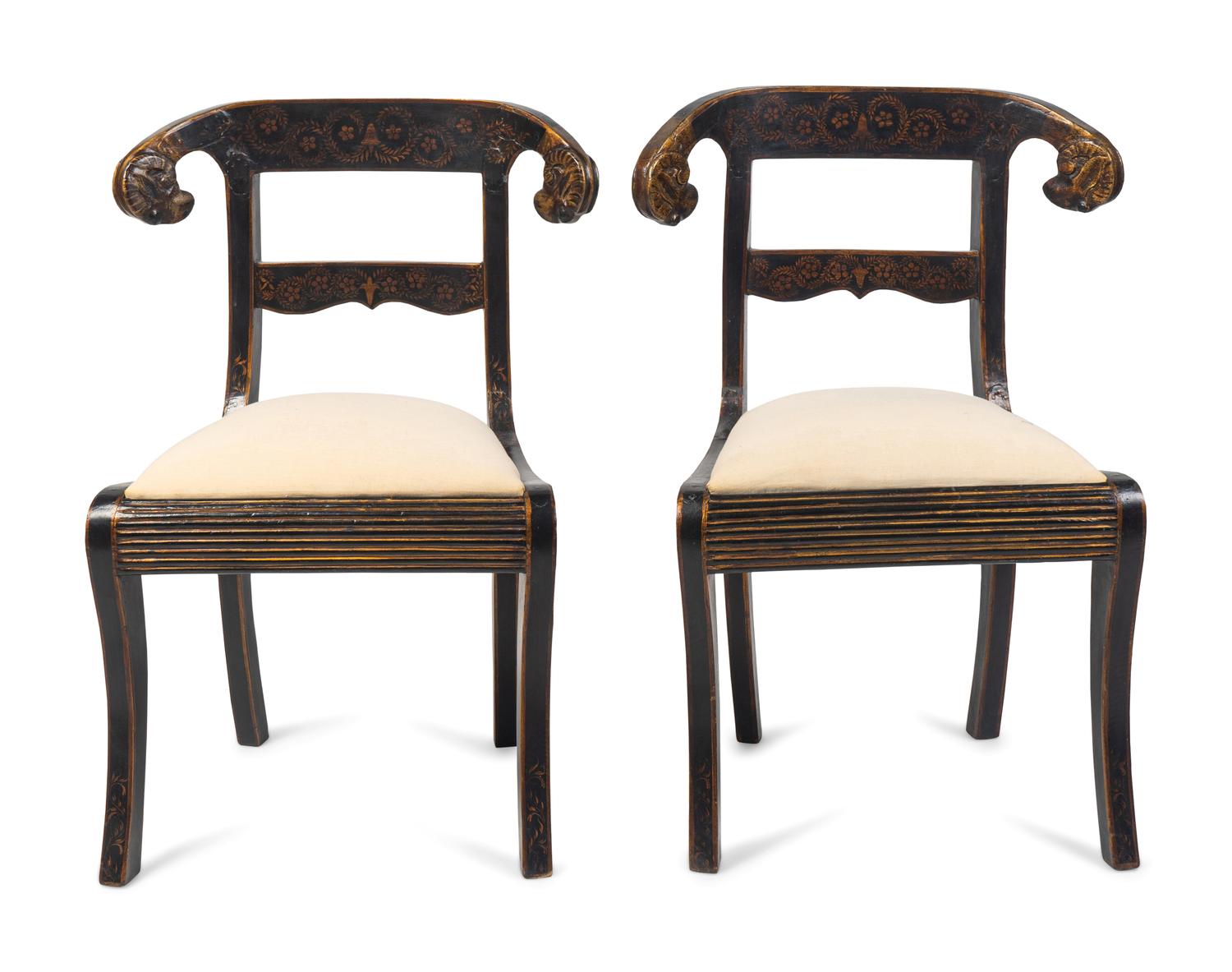 A Pair of Regency Style Gilt-Stenciled and Ebonized Side Chairs — LATE 19TH/EARLY 20TH CENTURY