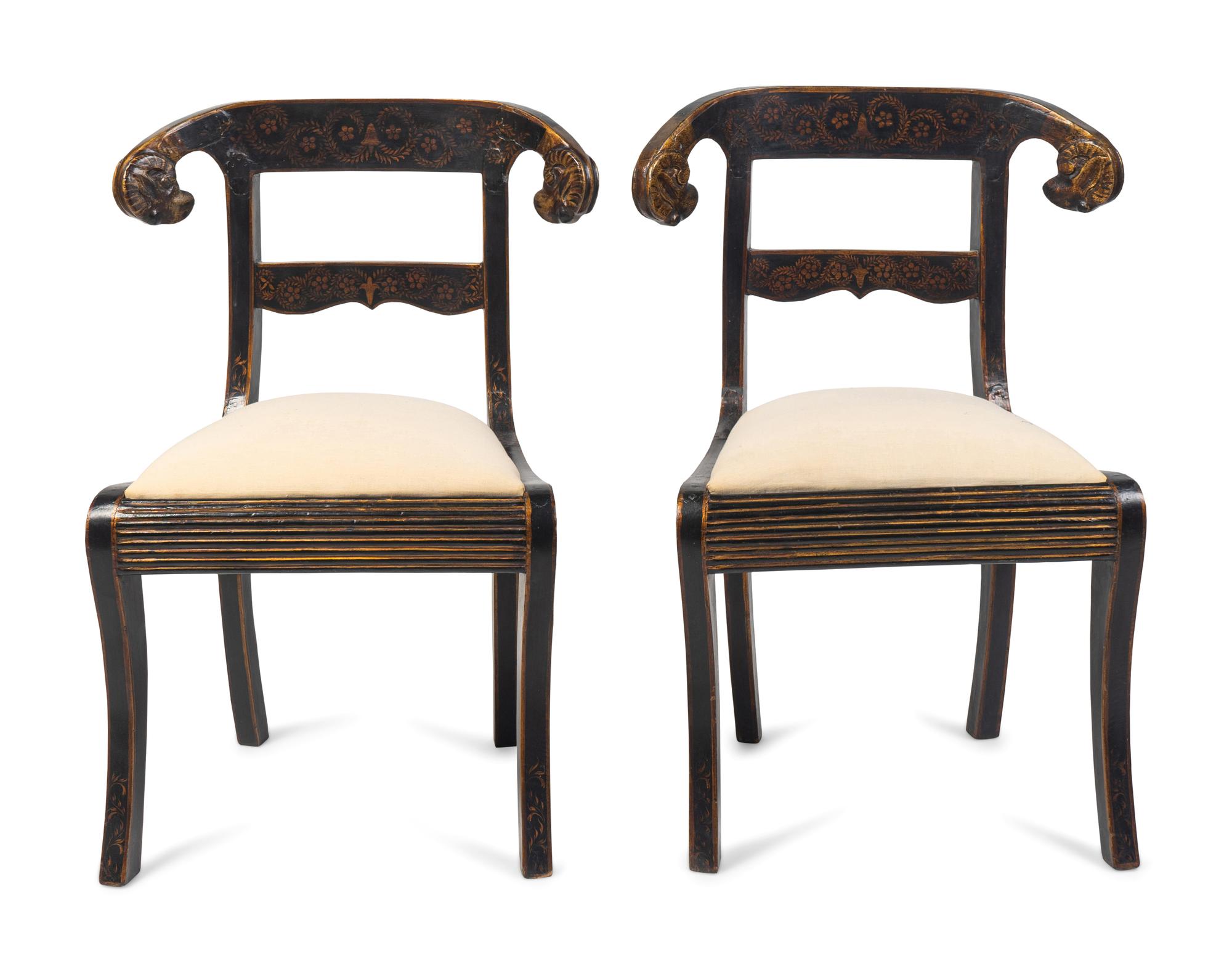 A Pair of Regency Style Gilt-Stenciled and Ebonized Side Chairs — LATE 19TH/EARLY 20TH CENTURY