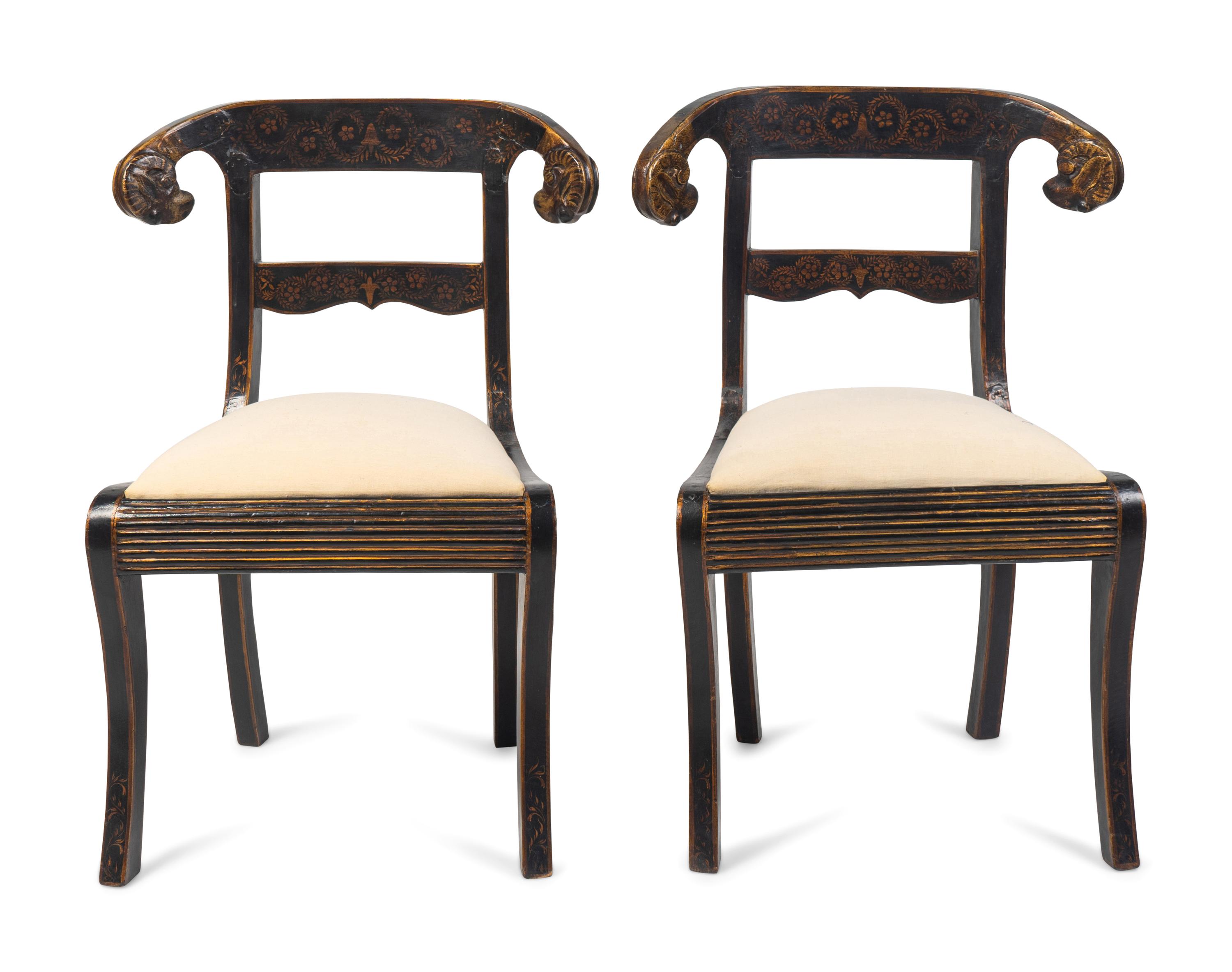 A Pair of Regency Style Gilt-Stenciled and Ebonized Side Chairs — LATE 19TH/EARLY 20TH CENTURY