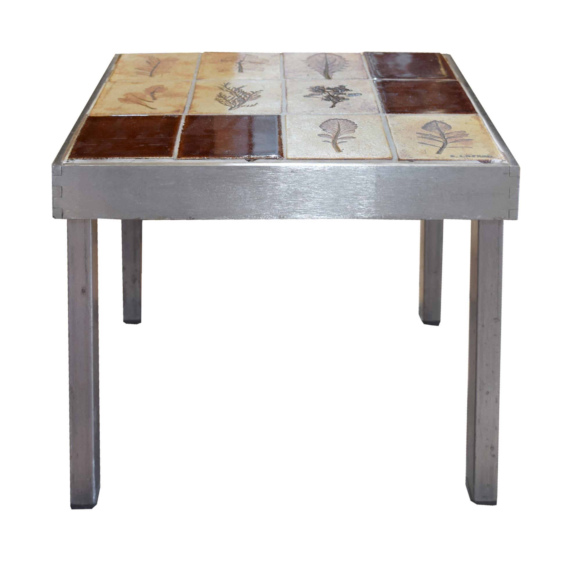 A Pair of Mid-Century Steel and Tile Tables by Roger Capron 14.25" W x 16.25" D x 11.5" H — France, Circa 1960