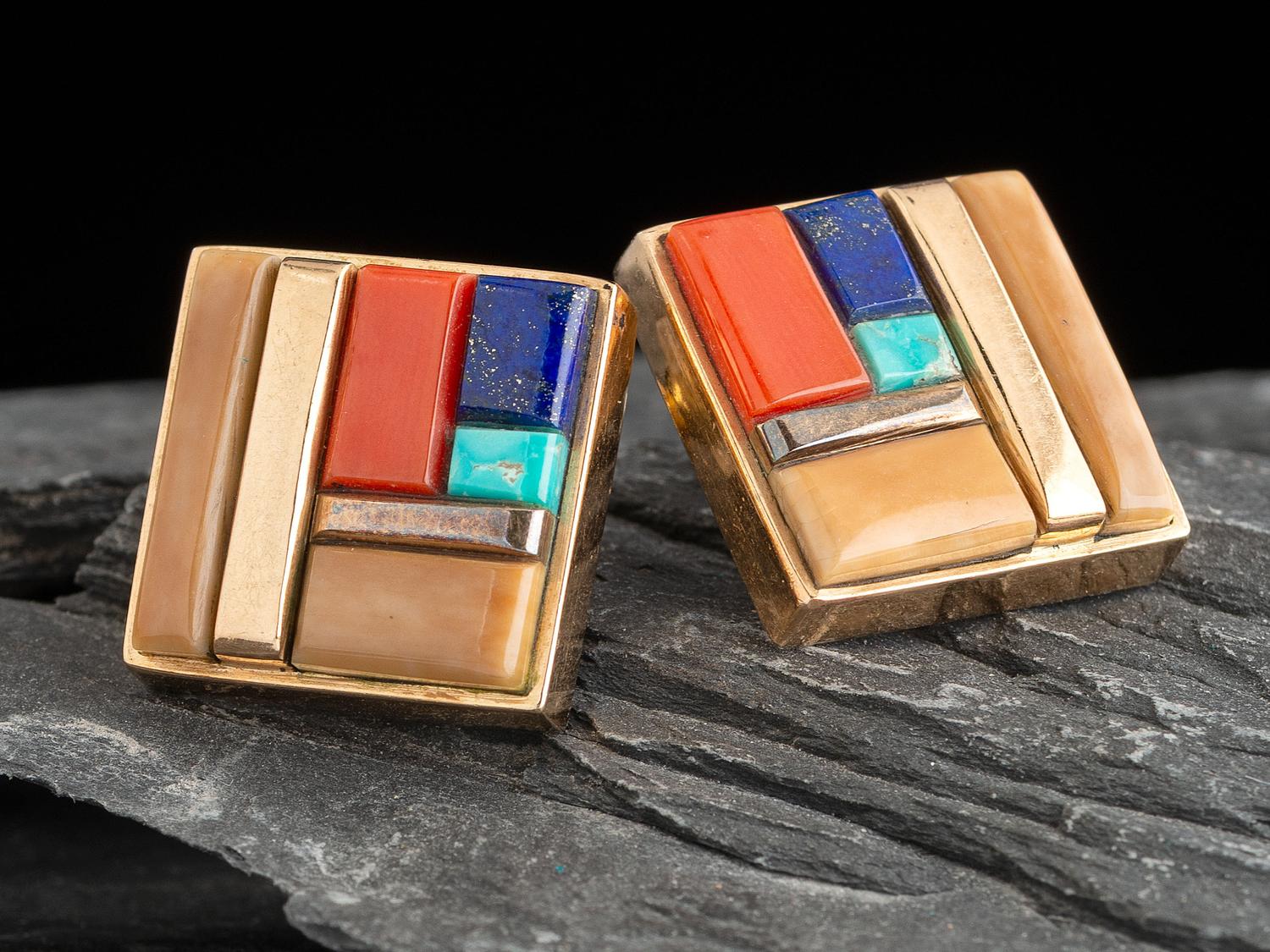 14K Gold Post Earrings, with Channel Inlay