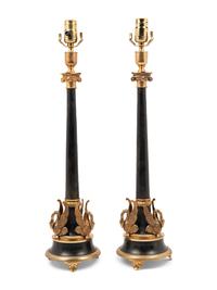 A Pair of Empire Style Gilt Metal Mounted Lamps