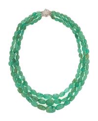 CARVED EMERALD, TRIPLE STRAND BEAD NECKLACE