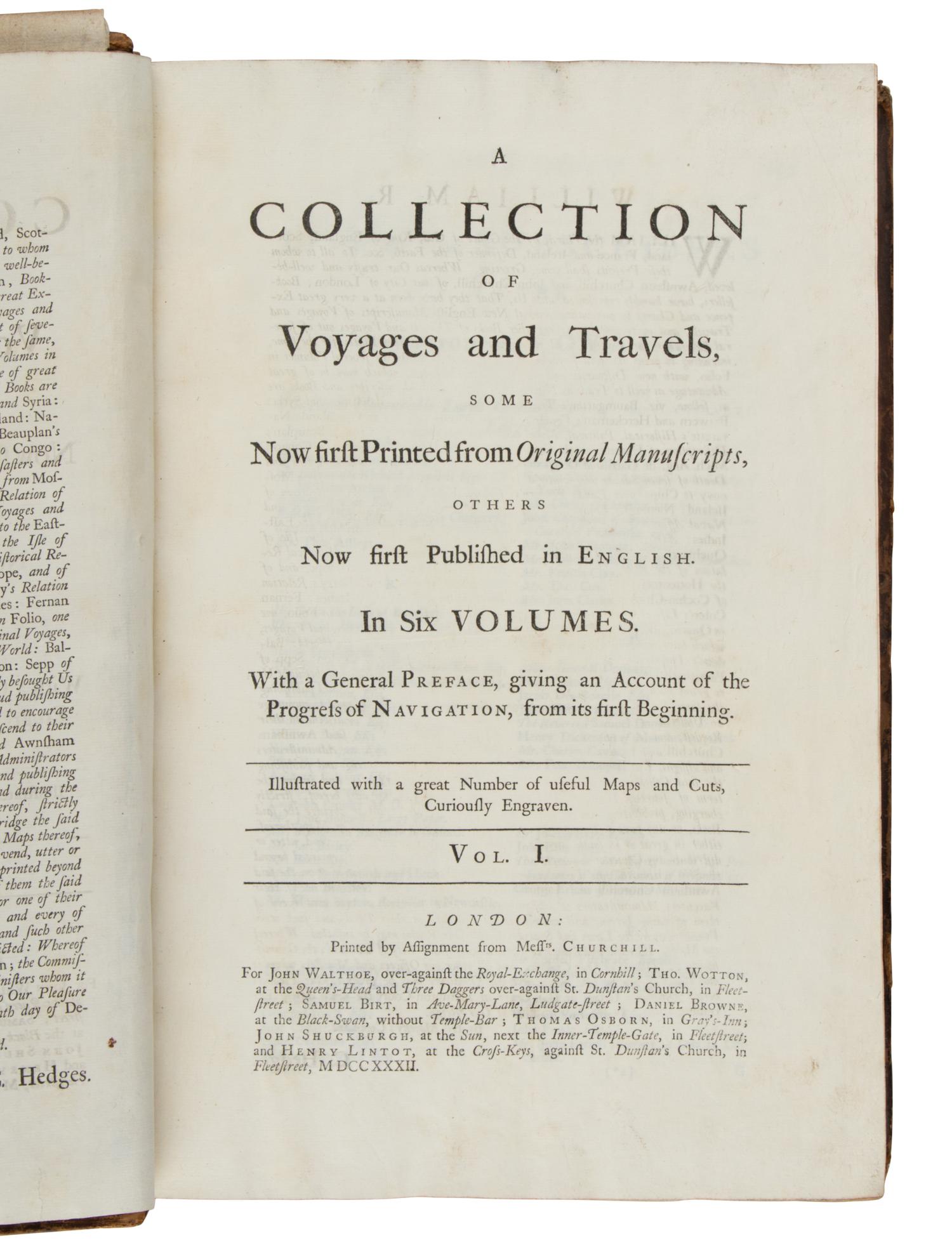 [TRAVEL & EXPLORATION]. CHURCHILL, Awnsham (d. 1728) and John (fl. 1695). A Collection of Voyages and Travels, some now first printed from original manuscripts, others now first published in English . London: Churchill for John Walthoe [&c], 1732.