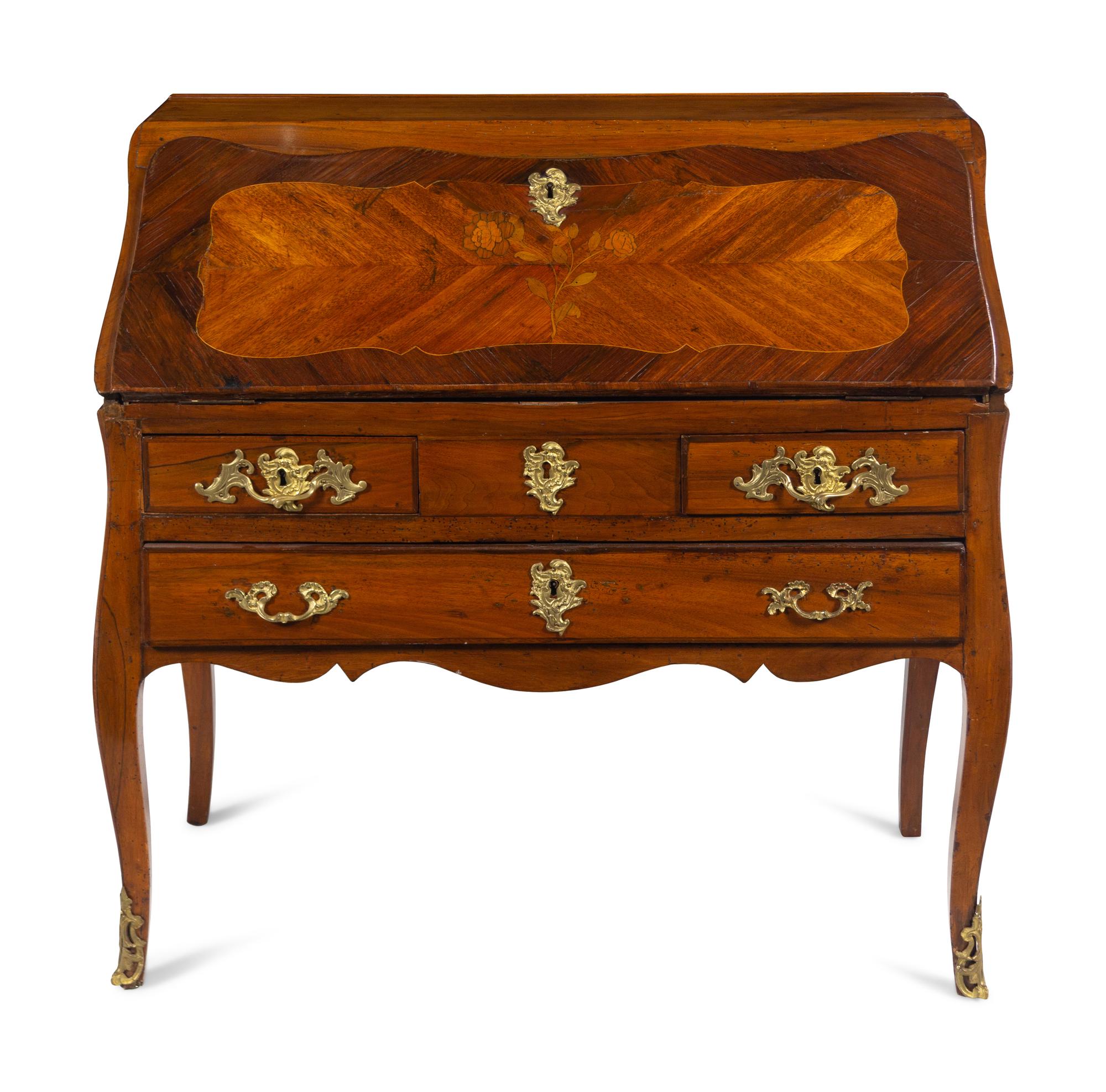 A Louis XV Gilt Bronze Mounted Walnut, Mahogany and Marquetry Bureau en Pente