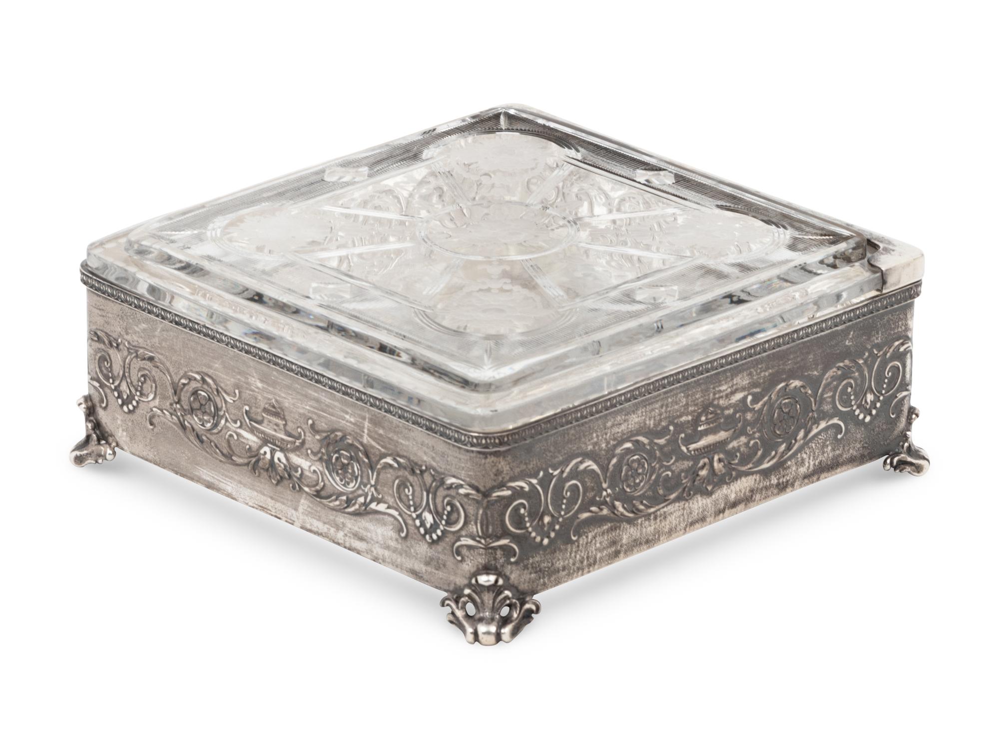 An American Silver Mounted Etched Glass Box