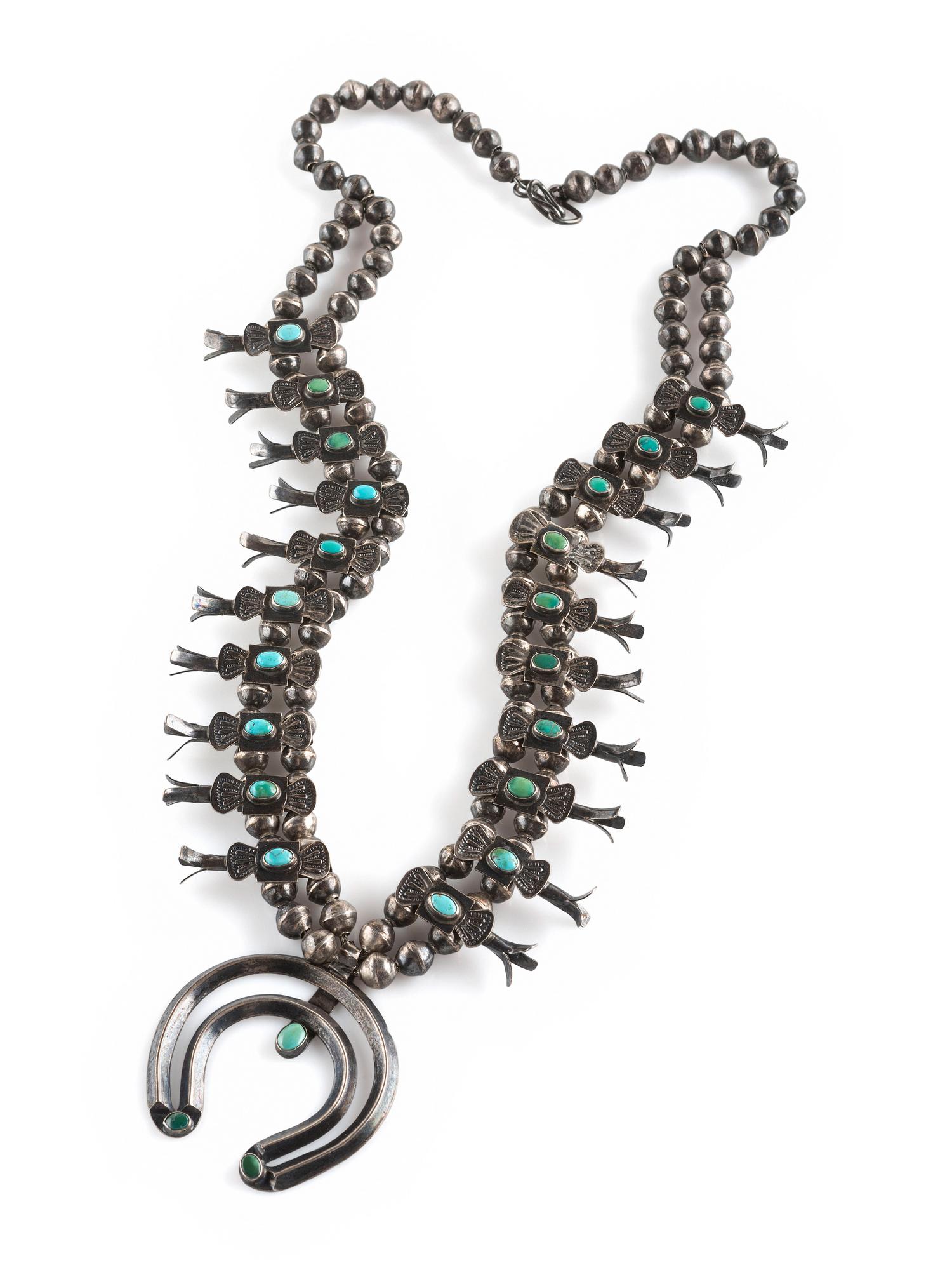Navajo Petite Silver and Turquoise Box Bow Squash Blossom Necklace