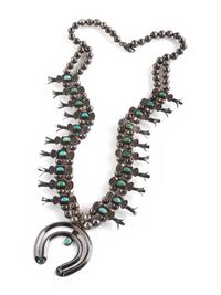 Navajo Petite Silver and Turquoise Box Bow Squash Blossom Necklace