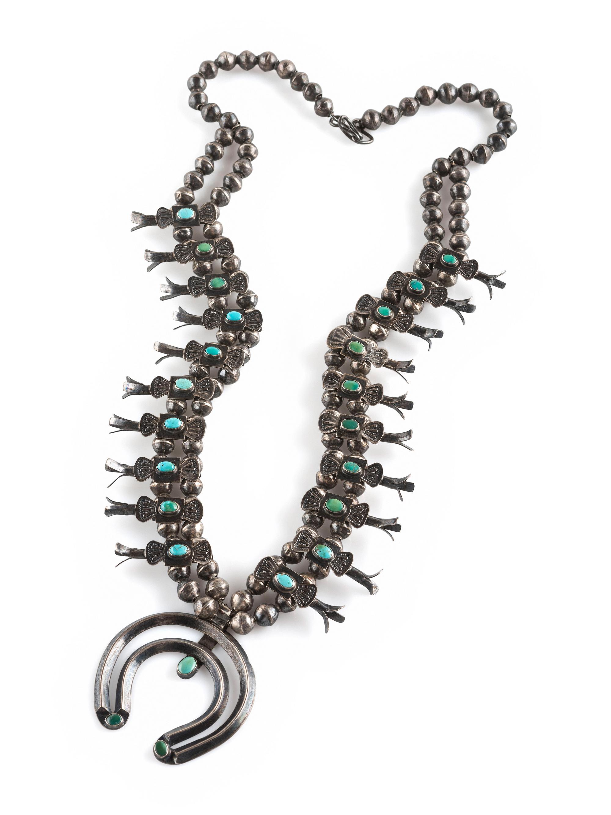 Navajo Petite Silver and Turquoise Box Bow Squash Blossom Necklace