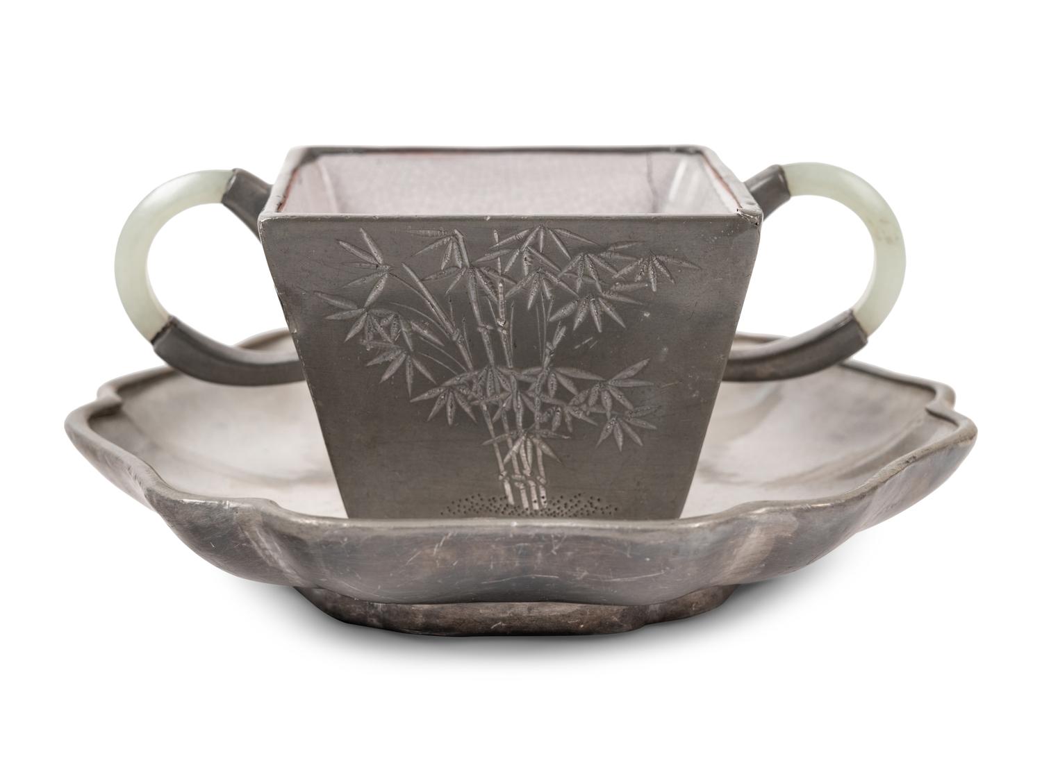 Two Chinese Pewter Encased Yixing Pottery Articles