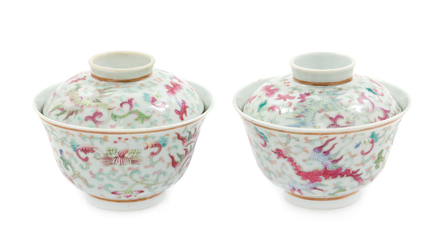 A Pair of Famille Rose Porcelain Covered Tea Bowls Diameter of each 4 1/2 inches. — 18TH/19TH CENTURY