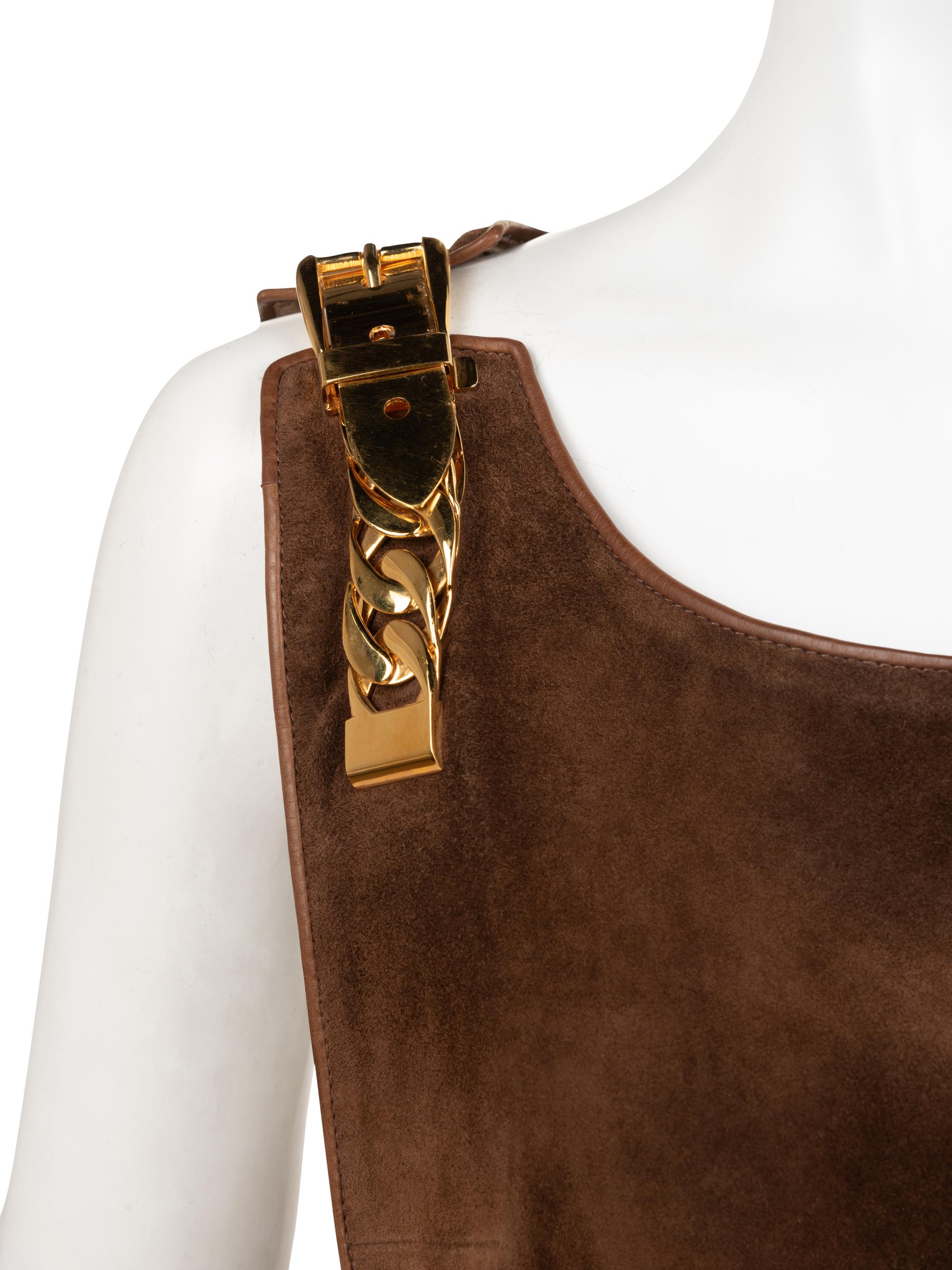 Gucci Brown Suede Belted Tunic with Chain Hardware, 1970s