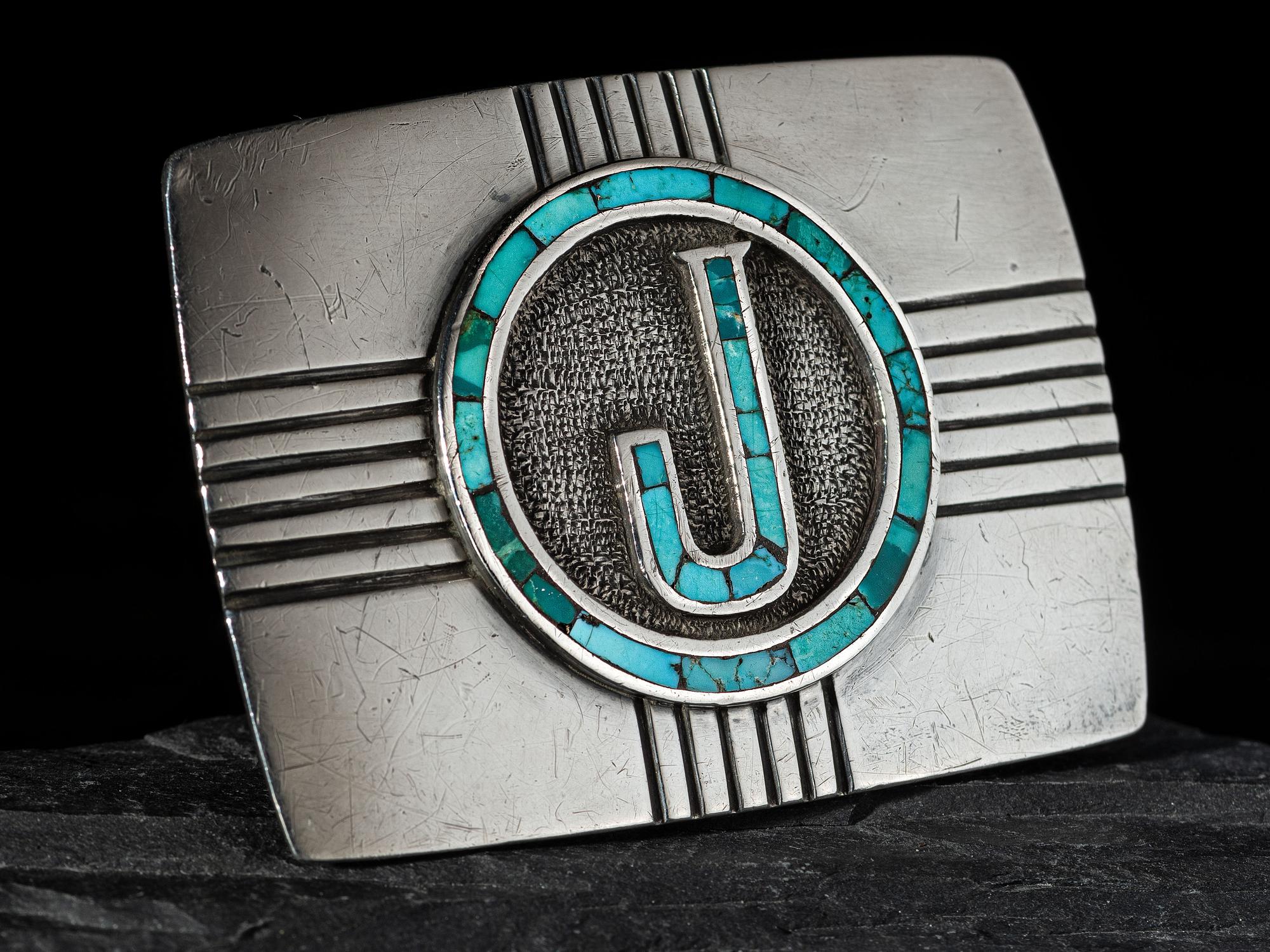 Sterling Silver and Chip Inlay Turquoise Belt Buckle