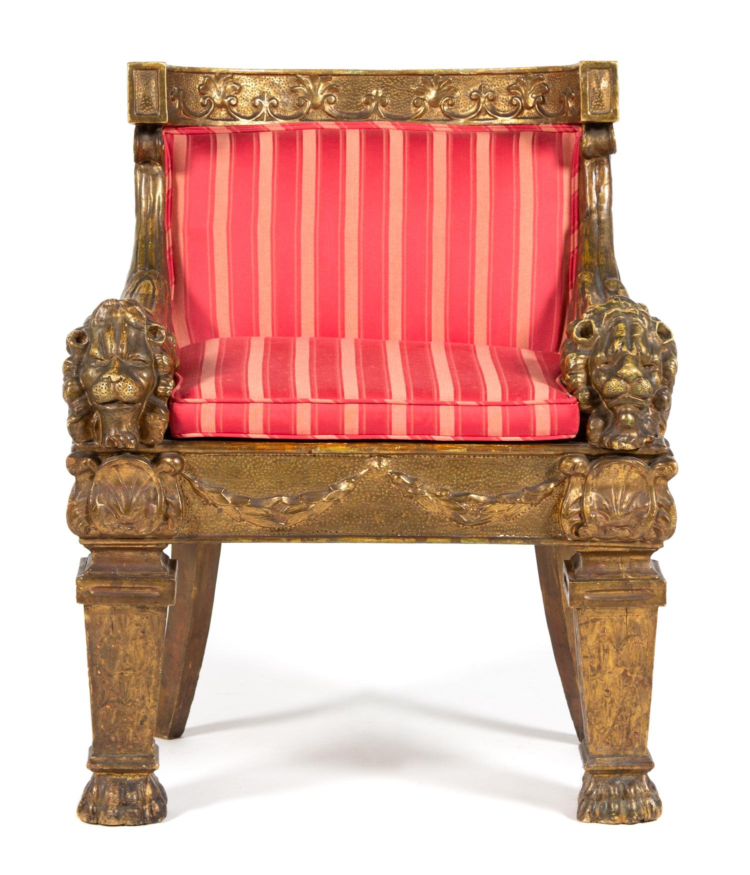 A Louis XIV Style Giltwood Barrel Back Lion Chair