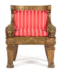 A Louis XIV Style Giltwood Barrel Back Lion Chair
