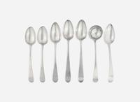 A group of six silver tablespoons and a silver ladle, various makers, Philadelphia, PA and Baltimore, MD, circa 1780-1790