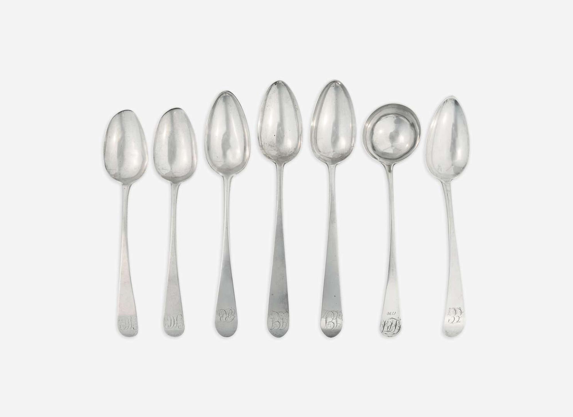 A group of six silver tablespoons and a silver ladle, various makers, Philadelphia, PA and Baltimore, MD, circa 1780-1790