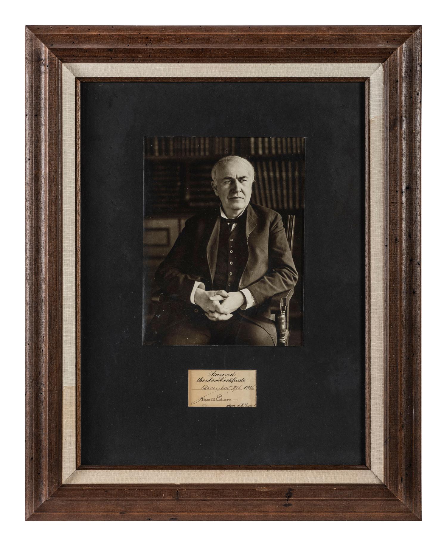 EDISON, Thomas (1847-1931). Clipped signature ("Thos. A Edison"). 4 December 1916.