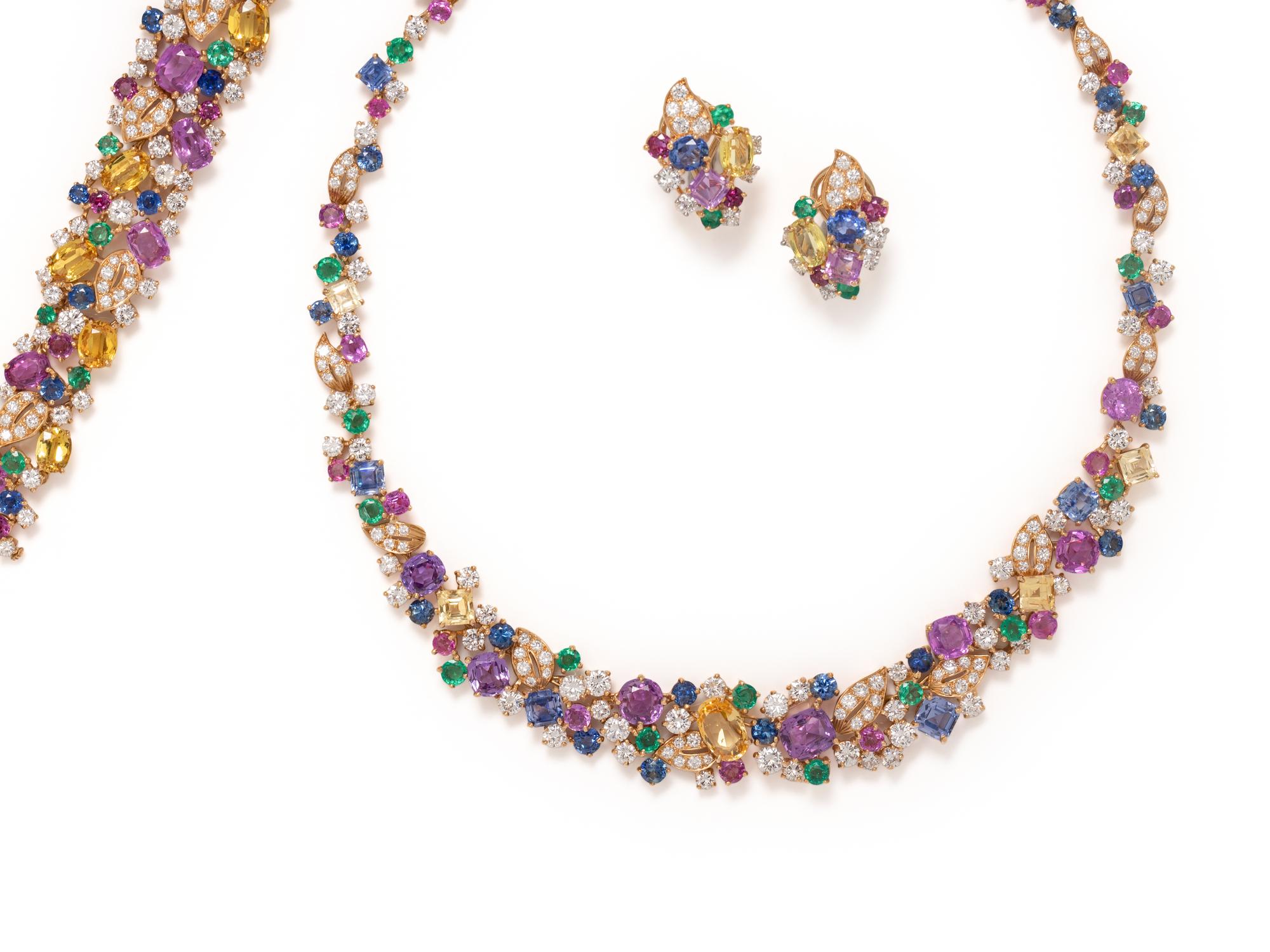 OSCAR HEYMAN & BROTHERS, MULTICOLOR SAPPHIRE, EMERALD AND DIAMOND PARURE