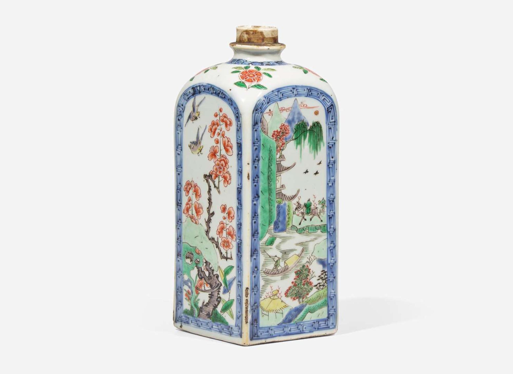 A Chinese famille-verte decorated square-form bottle, Kangxi period 五彩方瓶 清 康熙