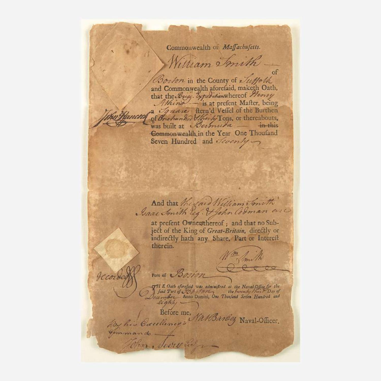 [Declaration of Independence] [Massachusetts] Hancock, John Partially-Printed Document, signed