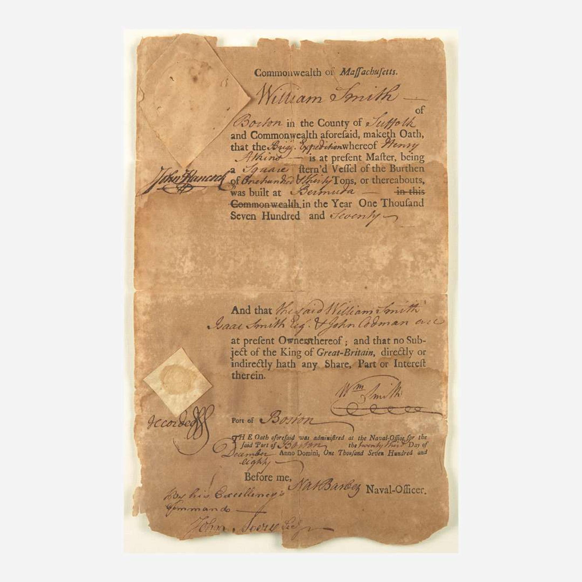 [Declaration of Independence] [Massachusetts] Hancock, John Partially-Printed Document, signed