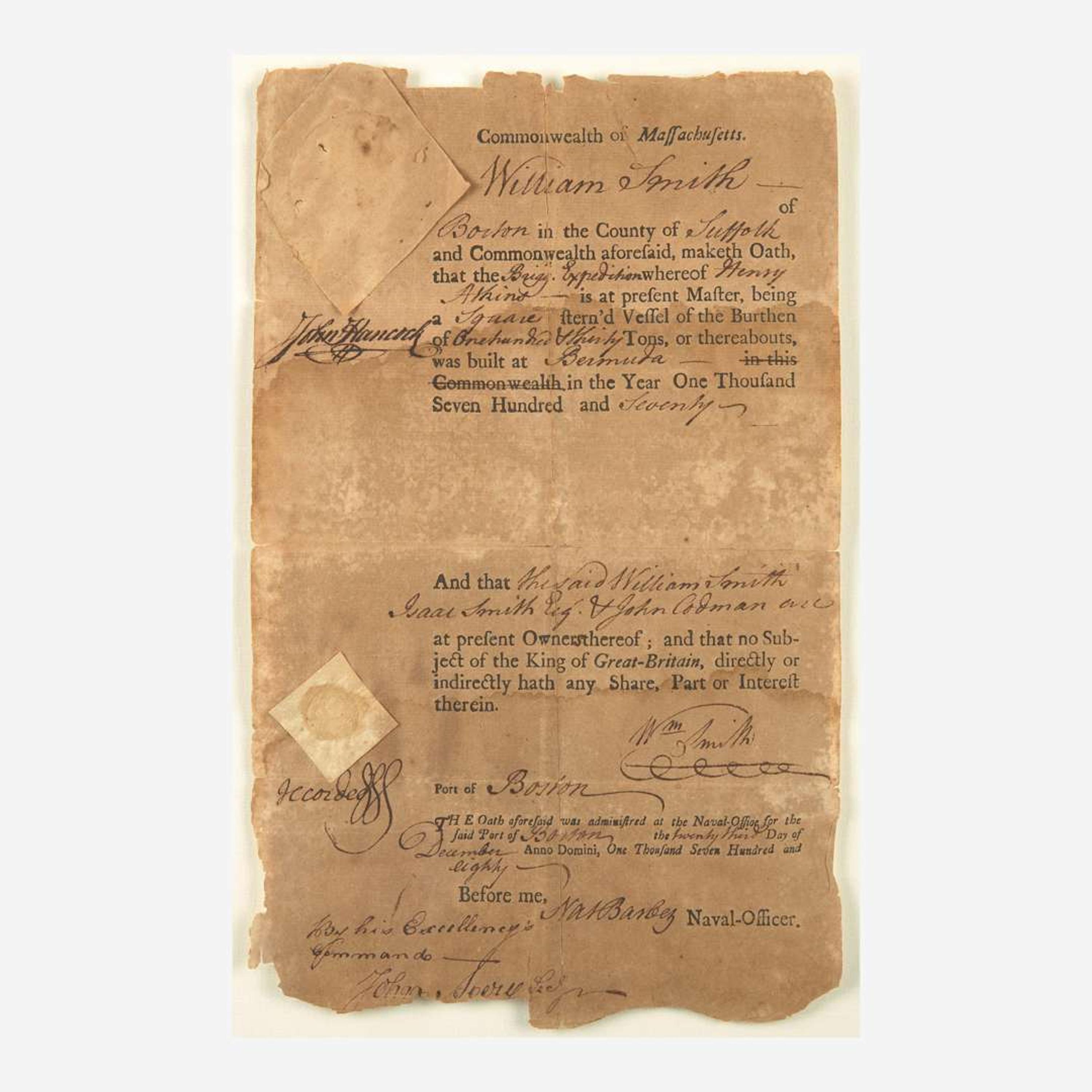 [Declaration of Independence] [Massachusetts] Hancock, John Partially-Printed Document, signed