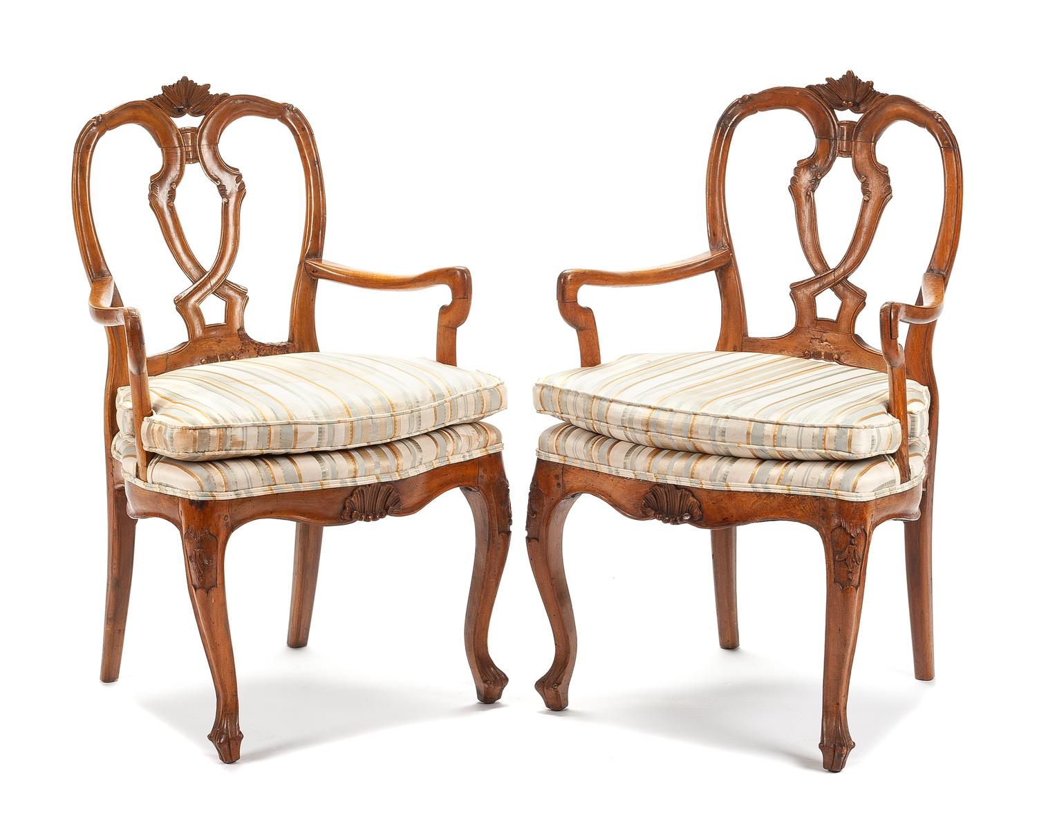 A Pair of Italian Fruitwood Armchairs Height 36 inches. — 18TH CENTURY