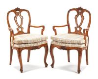 A Pair of Italian Fruitwood Armchairs Height 36 inches. — 18TH CENTURY